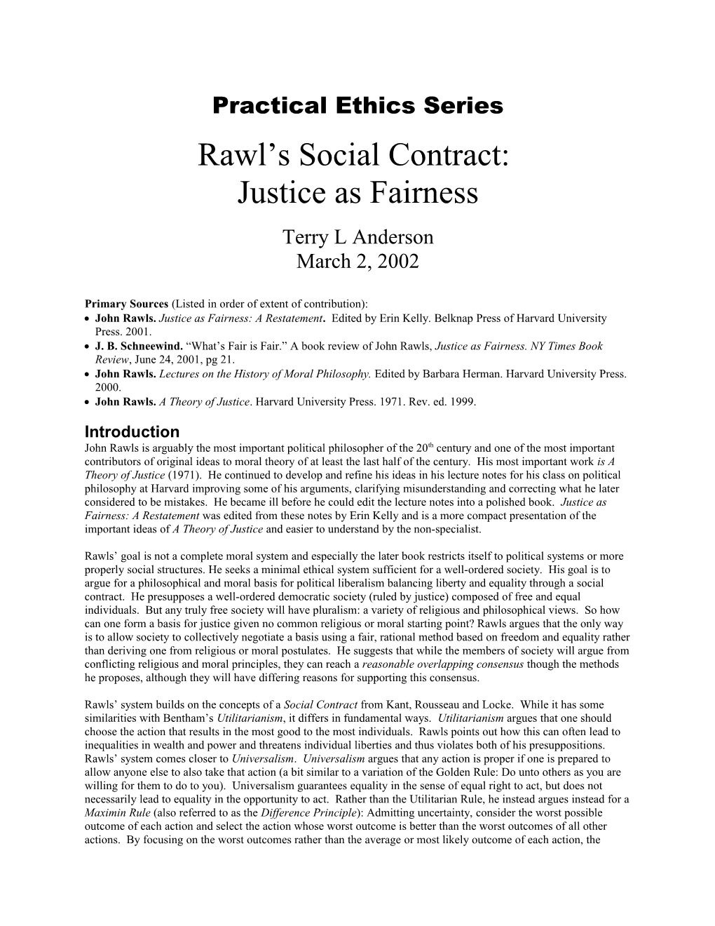 Rawl's Social Contract: Justice As Fairness