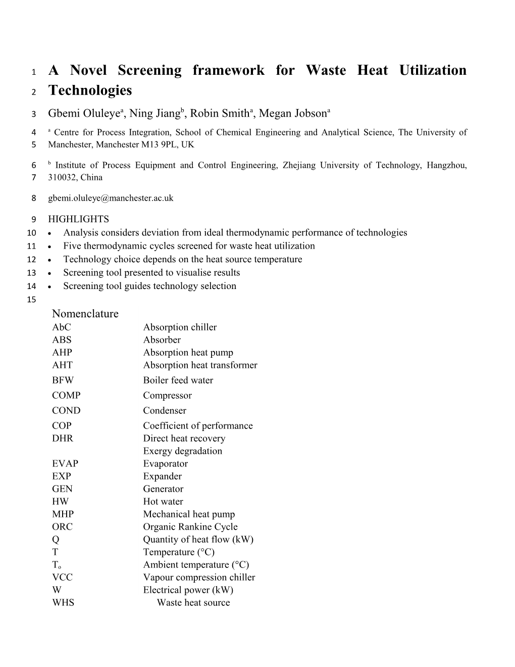 A Novel Screening Frameworkfor Waste Heat Utilization Technologies