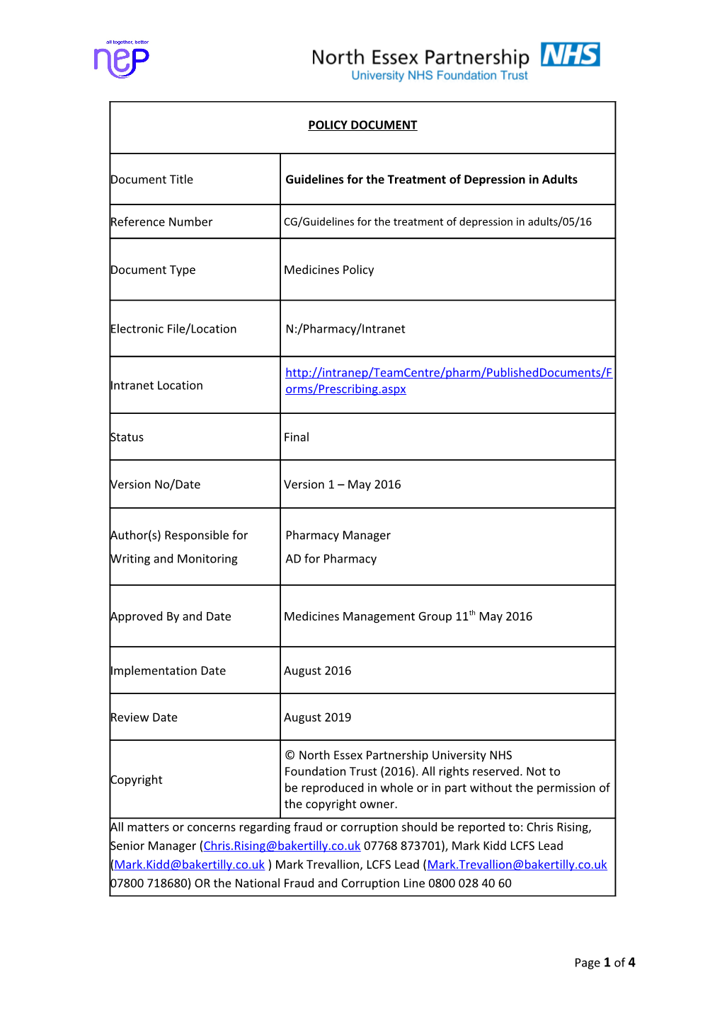 Guideline for the Treatment of Depression in Adults