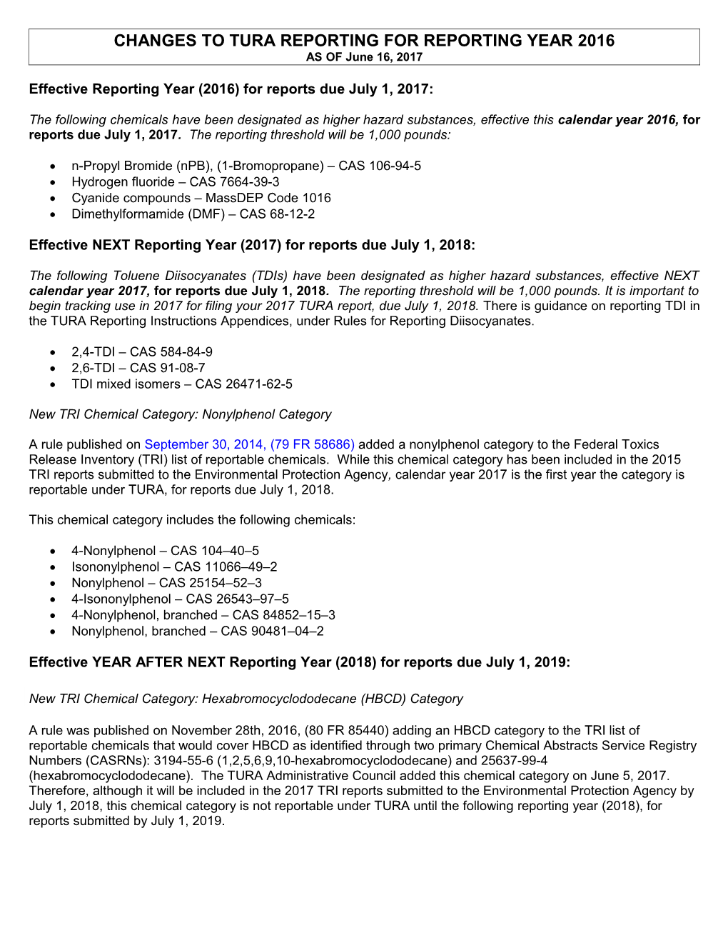 Changes to Tura Reporting for Reporting Year 2016