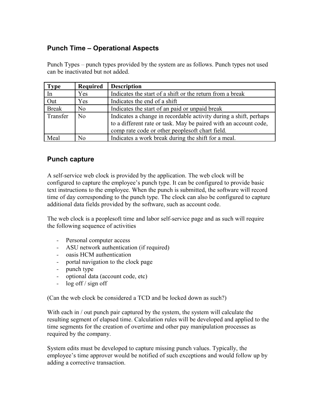 Punch Time Operational Aspects