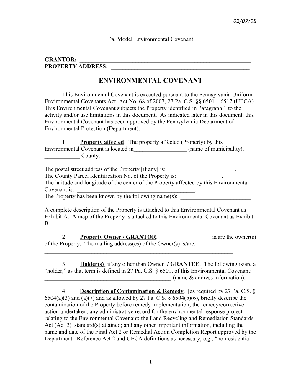 Pa. Model Environmental Covenant