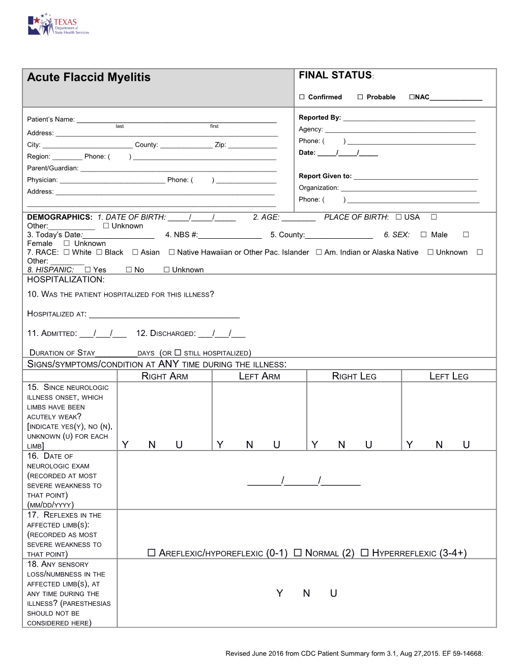 Acute Flaccid Myelitis Patient Summary Form