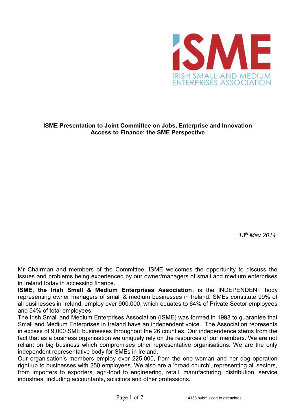 ISME Presentation to Joint Committee on Jobs, Enterprise and Innovation