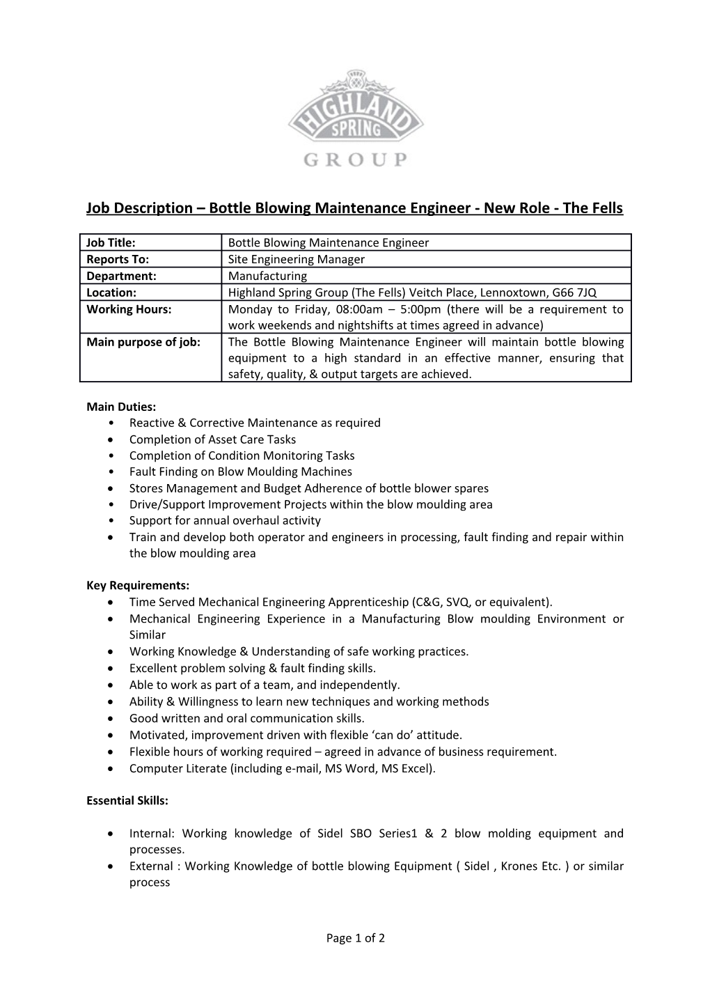 Job Description Bottle Blowing Maintenance Engineer - New Role - the Fells