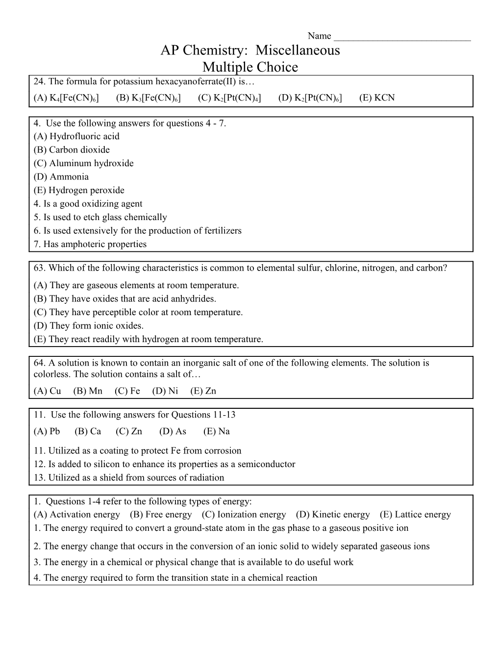 AP Chemistry: Miscellaneous