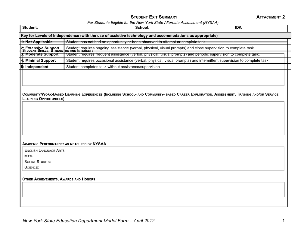 New York State Alternate Assessment Student Exit Summary