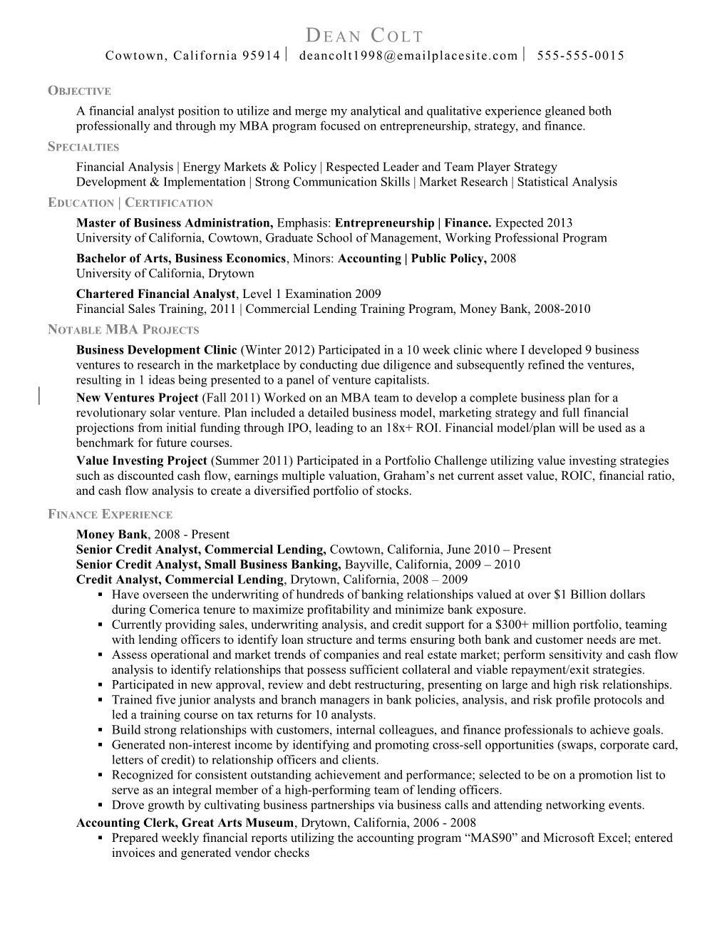 Example Resume Financial Analyst