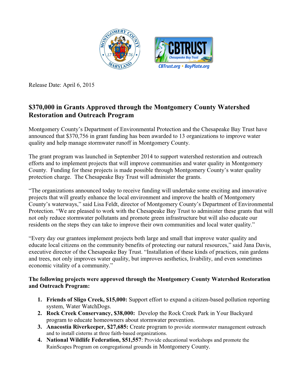 $370,000 in Grants Approved Through the Montgomery County Watershed Restoration and Outreach