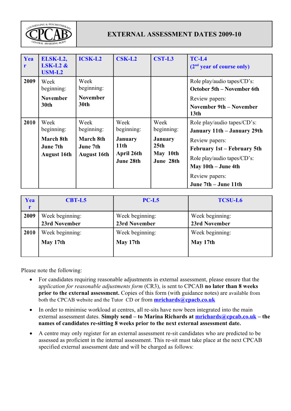 External Assessment Dates 2007-2008