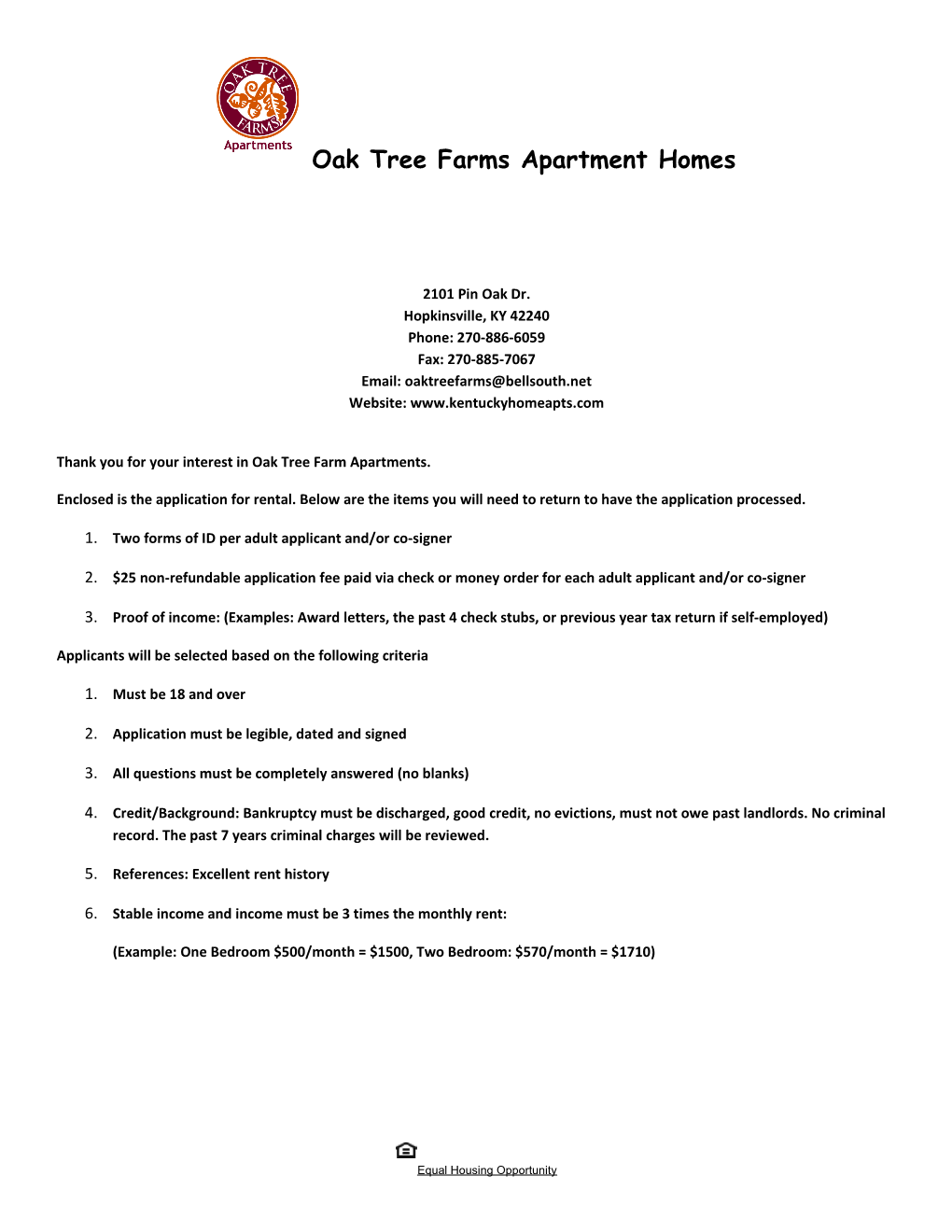 Thank You for Your Interest in Oak Tree Farm Apartments