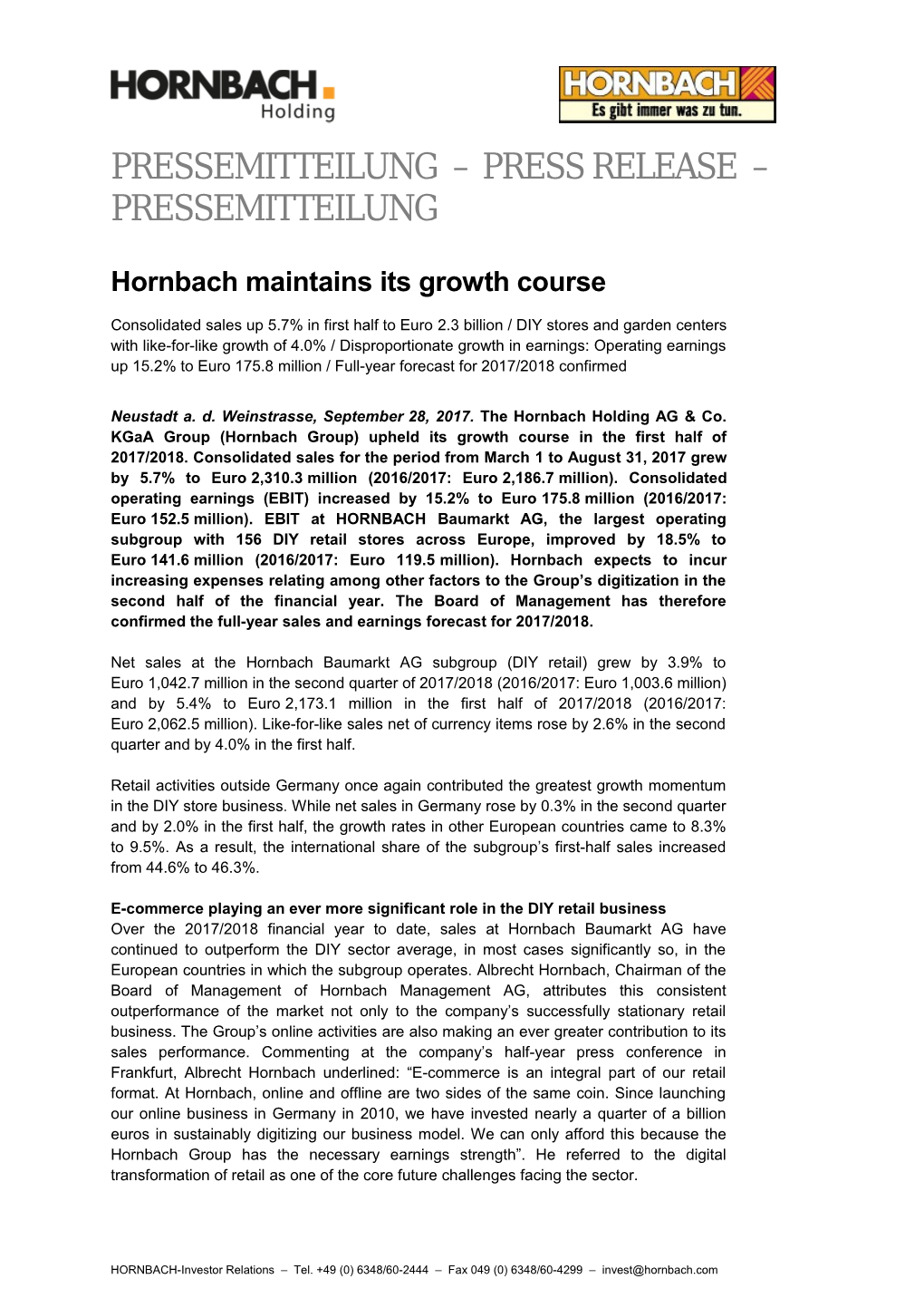 Hornbach Maintains Its Growth Course