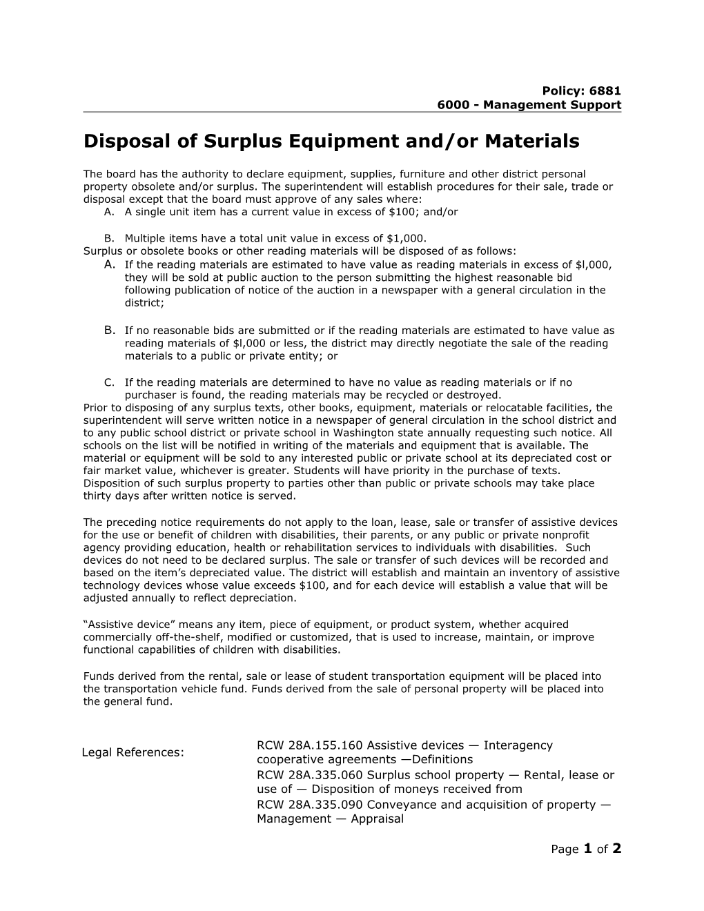 Disposal of Surplus Equipment And/Or Materials