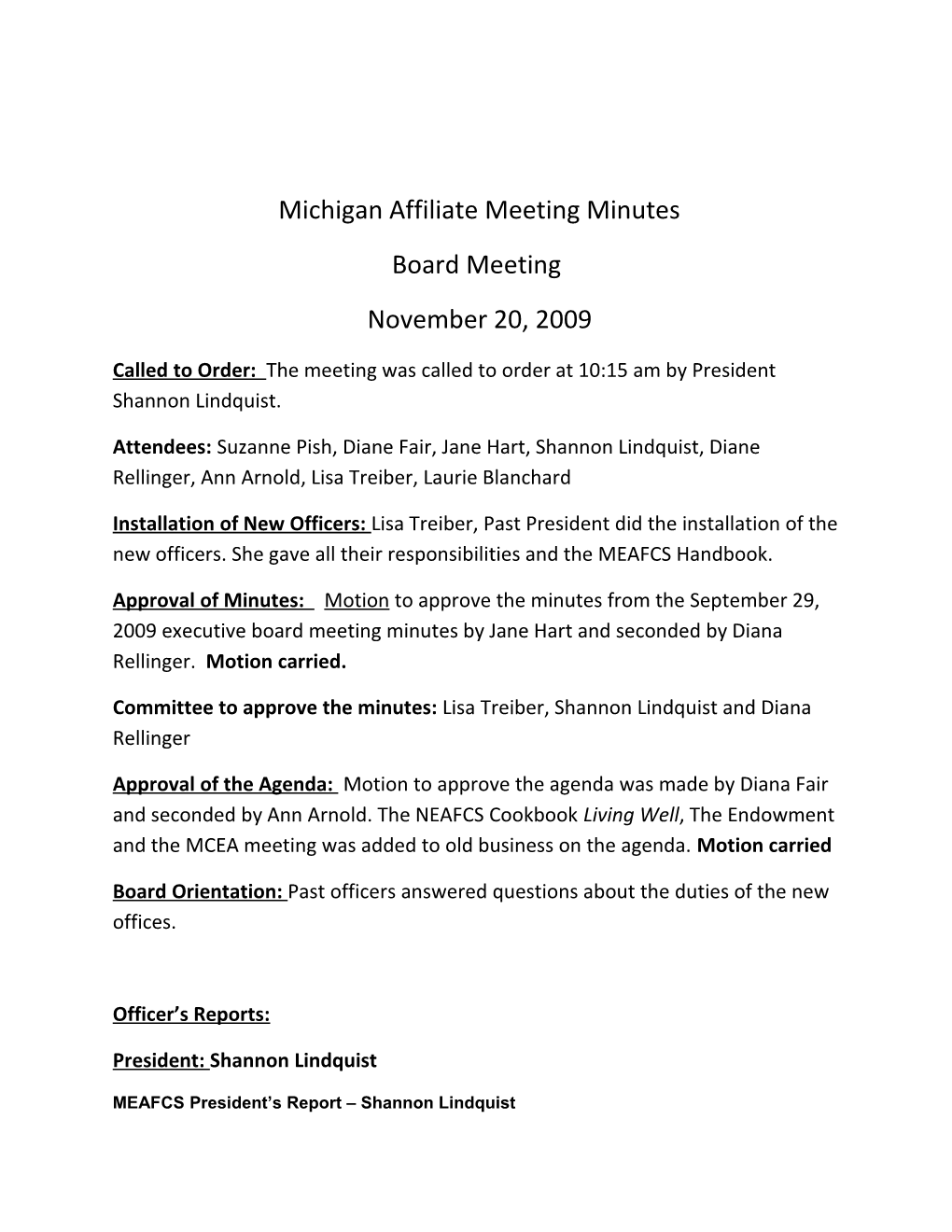 Michigan Affiliate Meeting Minutes