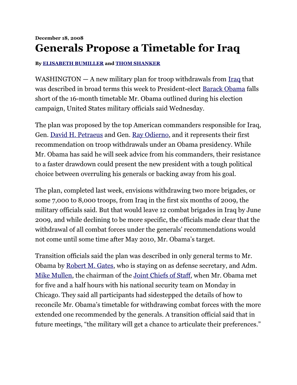 Generals Propose a Timetable for Iraq