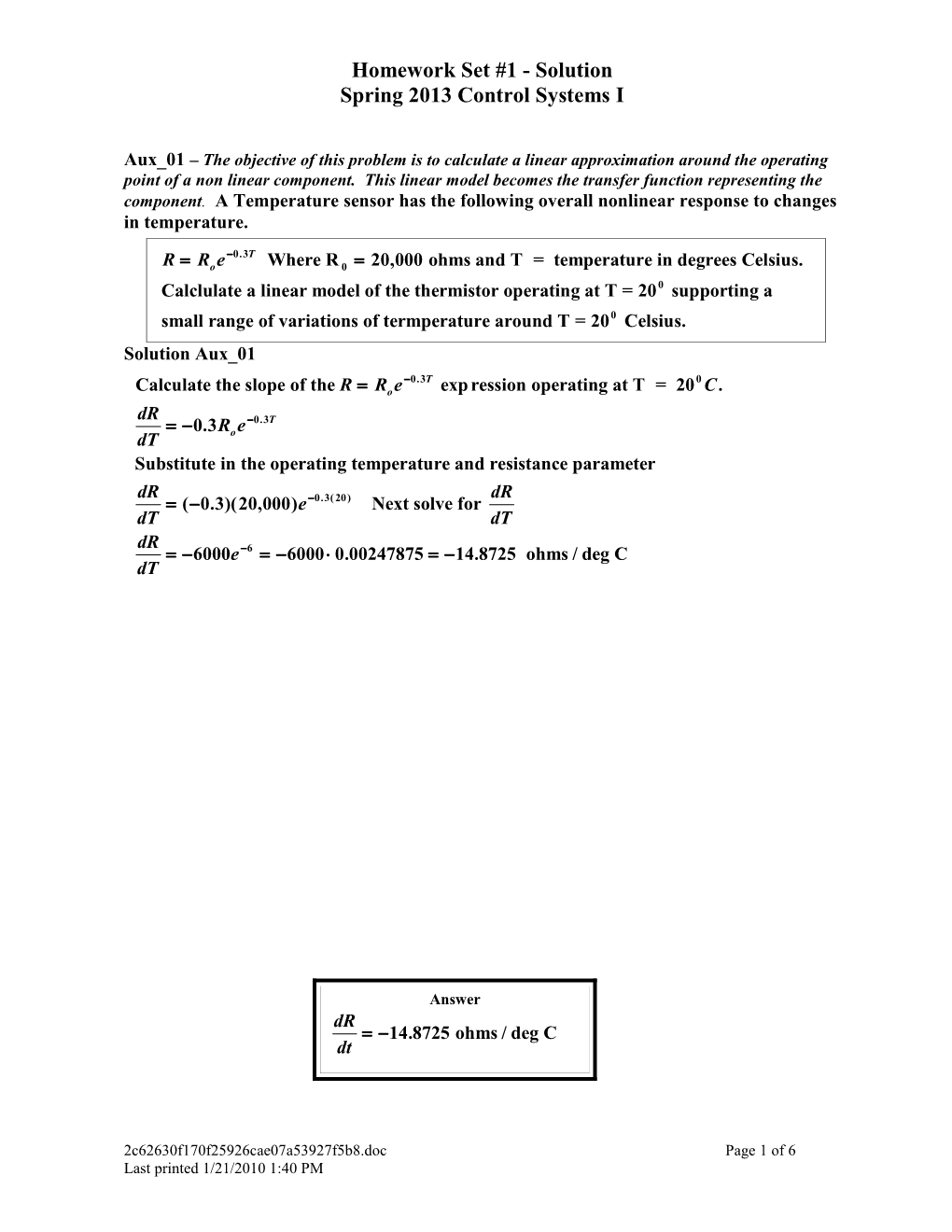 Homework Problems Control Systems I