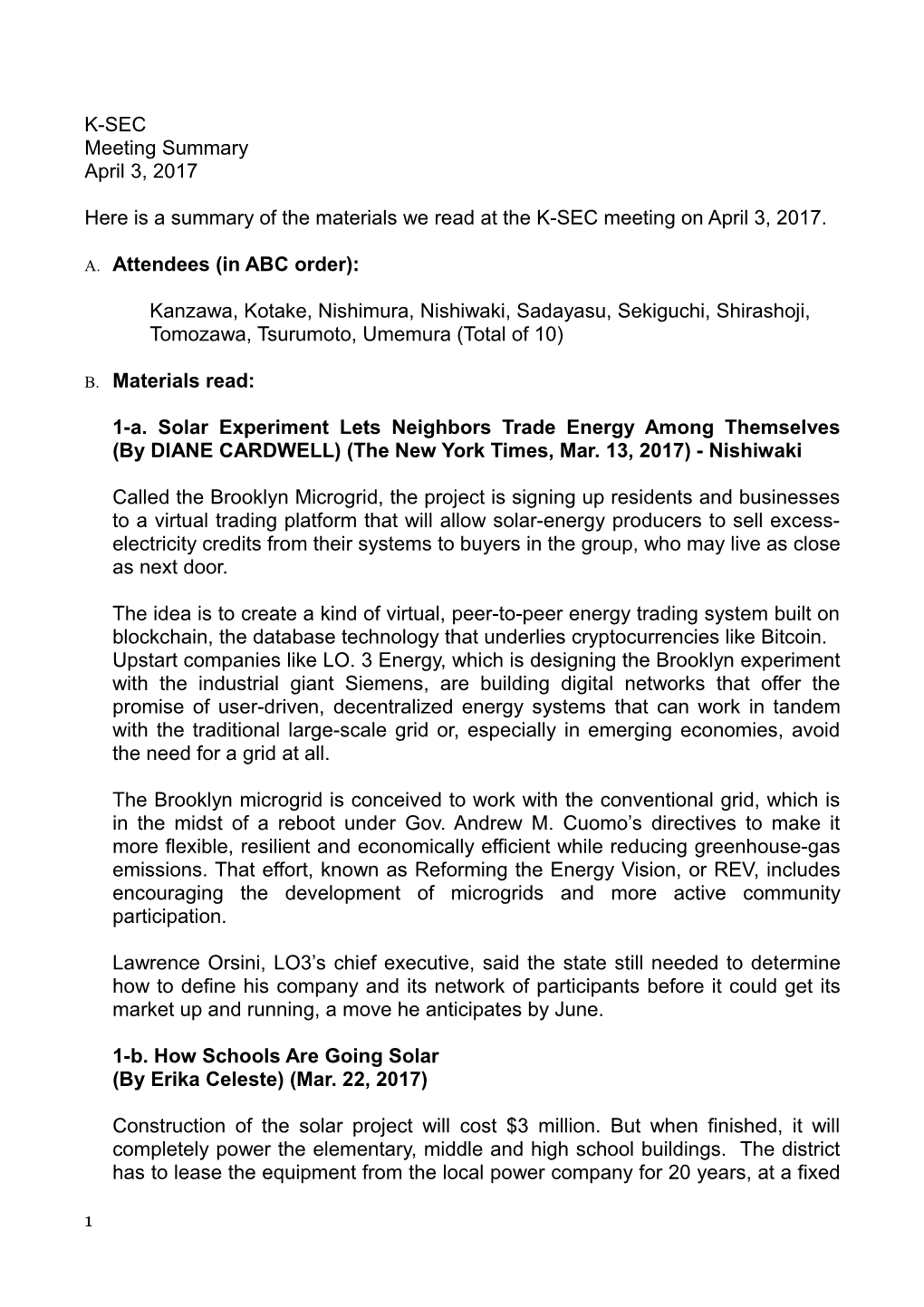 Here Is a Summary of the Materials We Read at the K-SEC Meeting on April 3, 2017