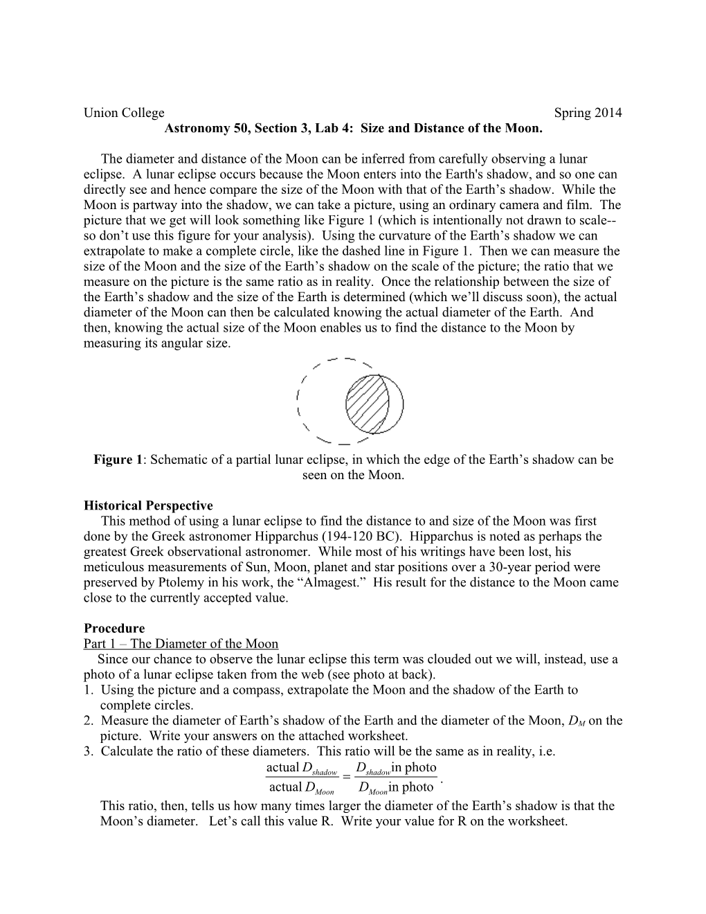 Astronomy 50, Section 3, Lab 4: Size and Distance of the Moon