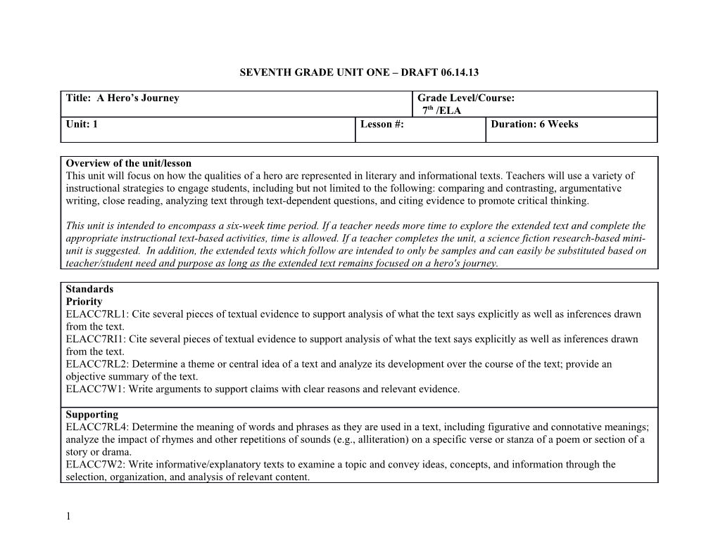 Seventh Grade Unit One Draft 06.14.13