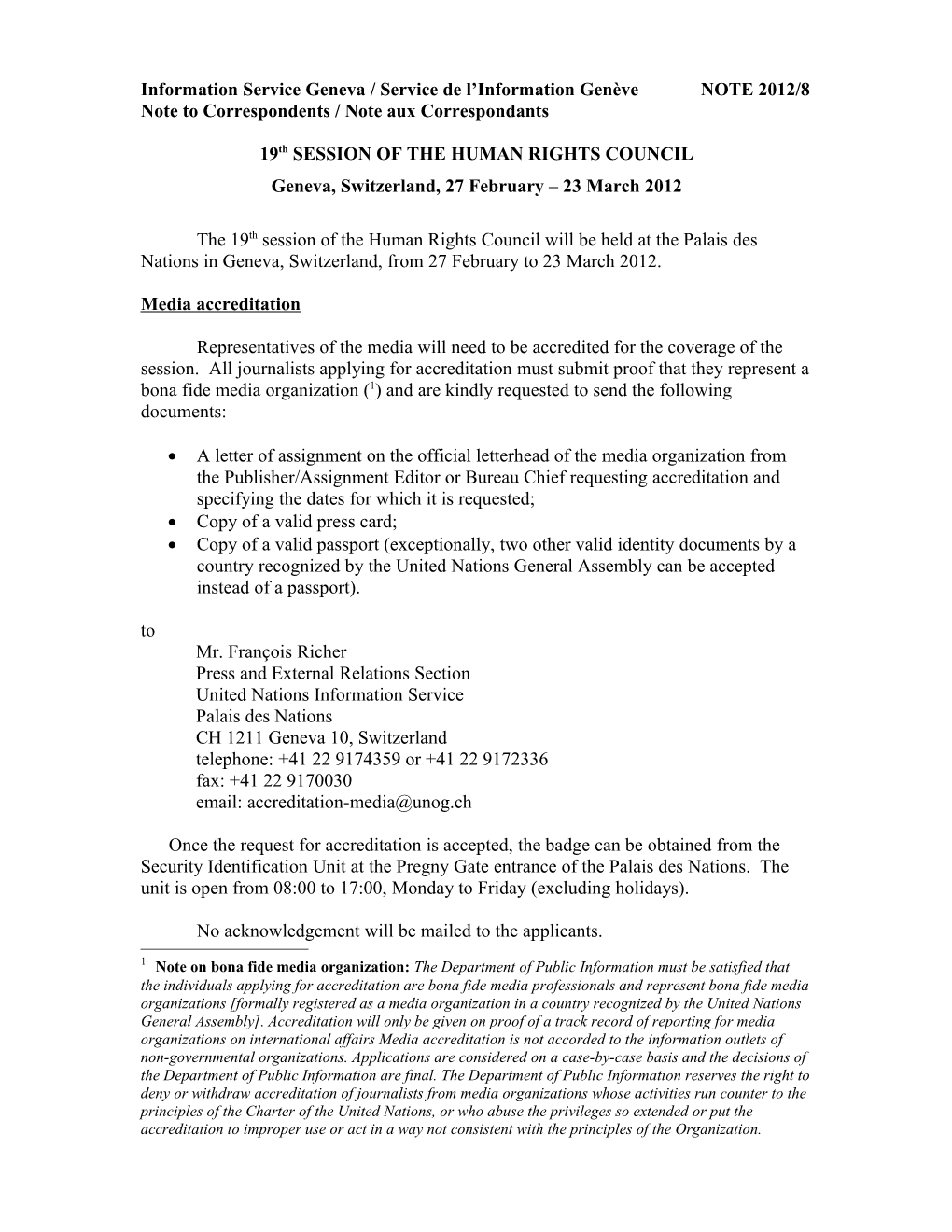 Information Service Geneva / Service De L Information Genève NOTE 2012/8