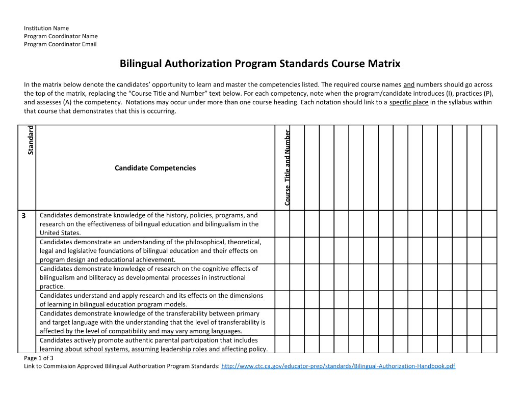 Bilingual Authorization Program Standards Course Matrix