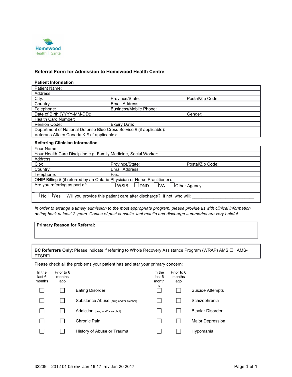 Referral Form for Admission to Homewood Health Centre