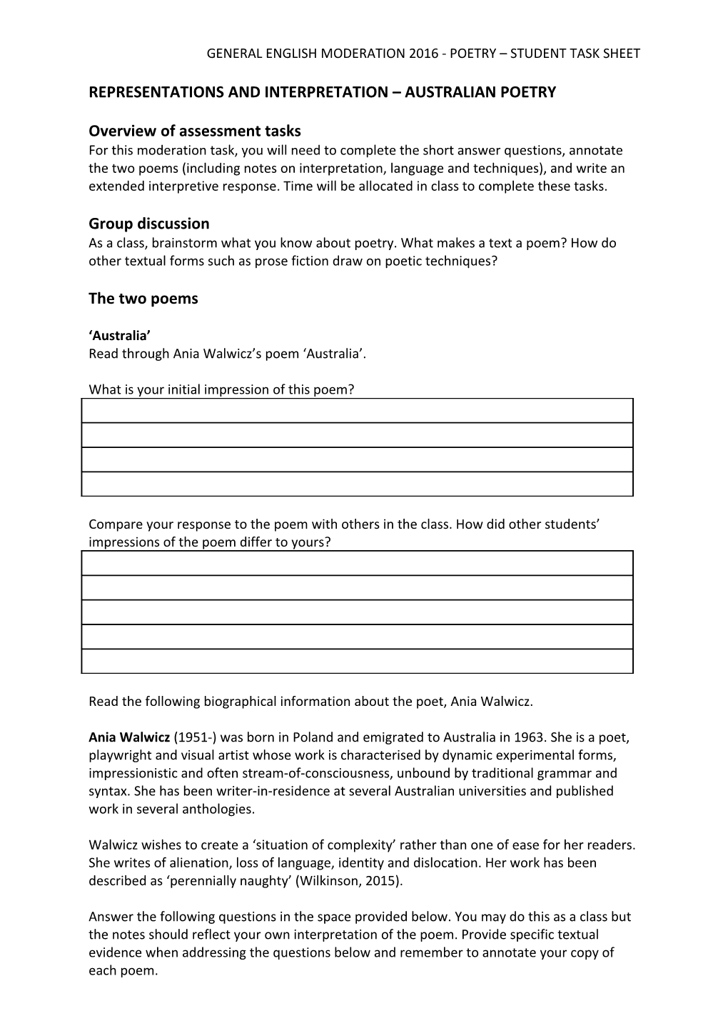 General English Moderation 2016 - Poetry Student Task Sheet