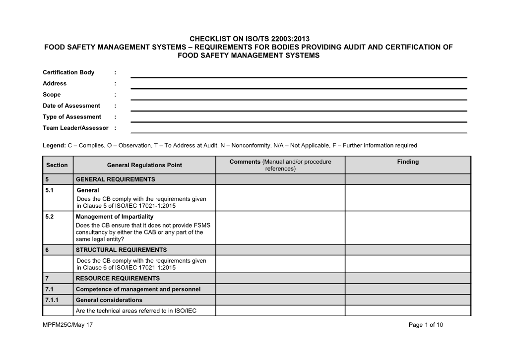 Checklist on Iso/Ts 22003:2013