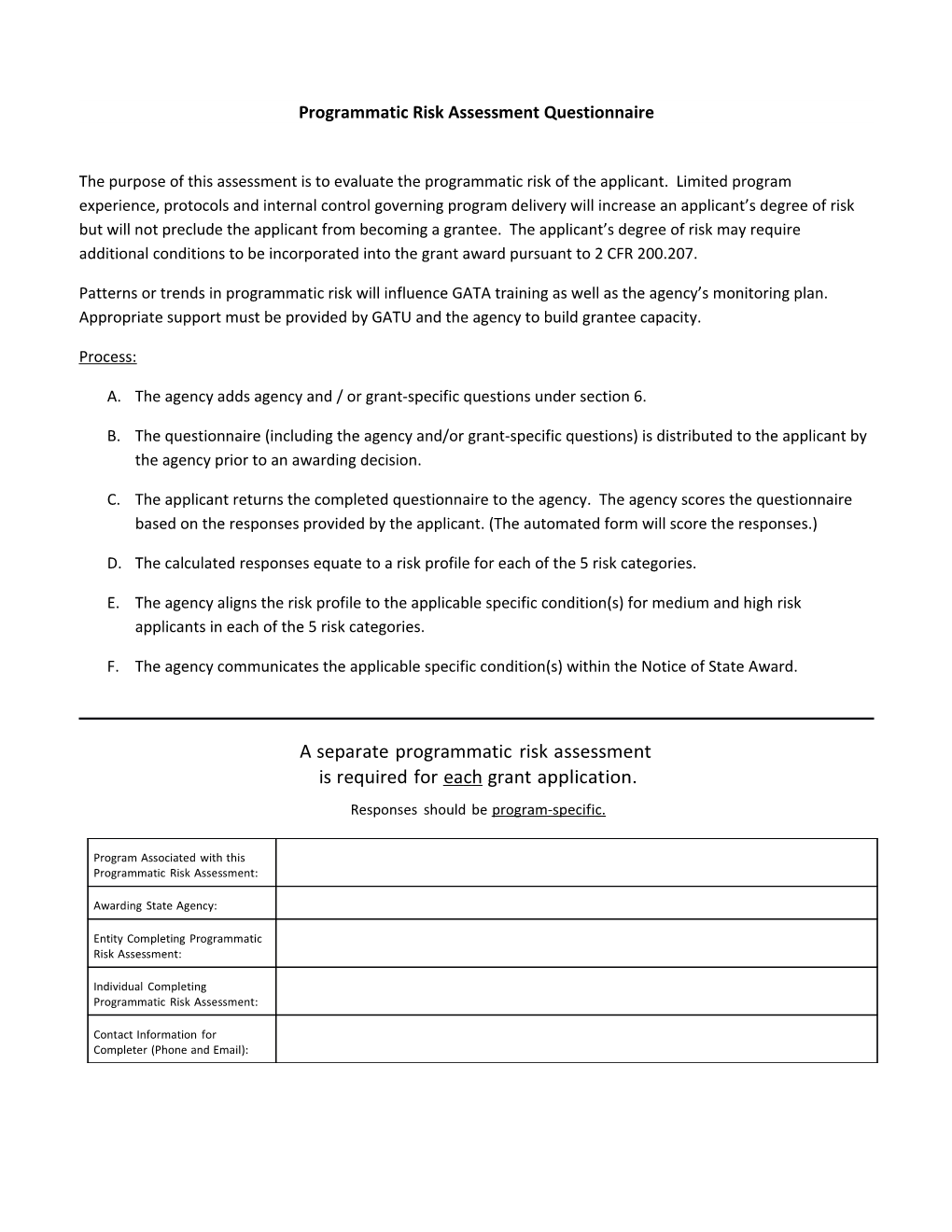 Programmatic Risk Assessment Questionnaire