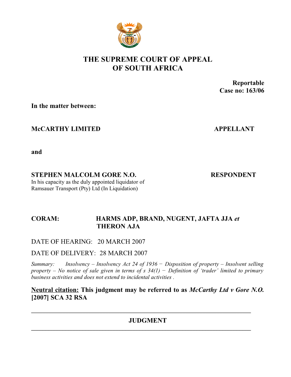 Mccarthy Limited V Stephen Gore NO