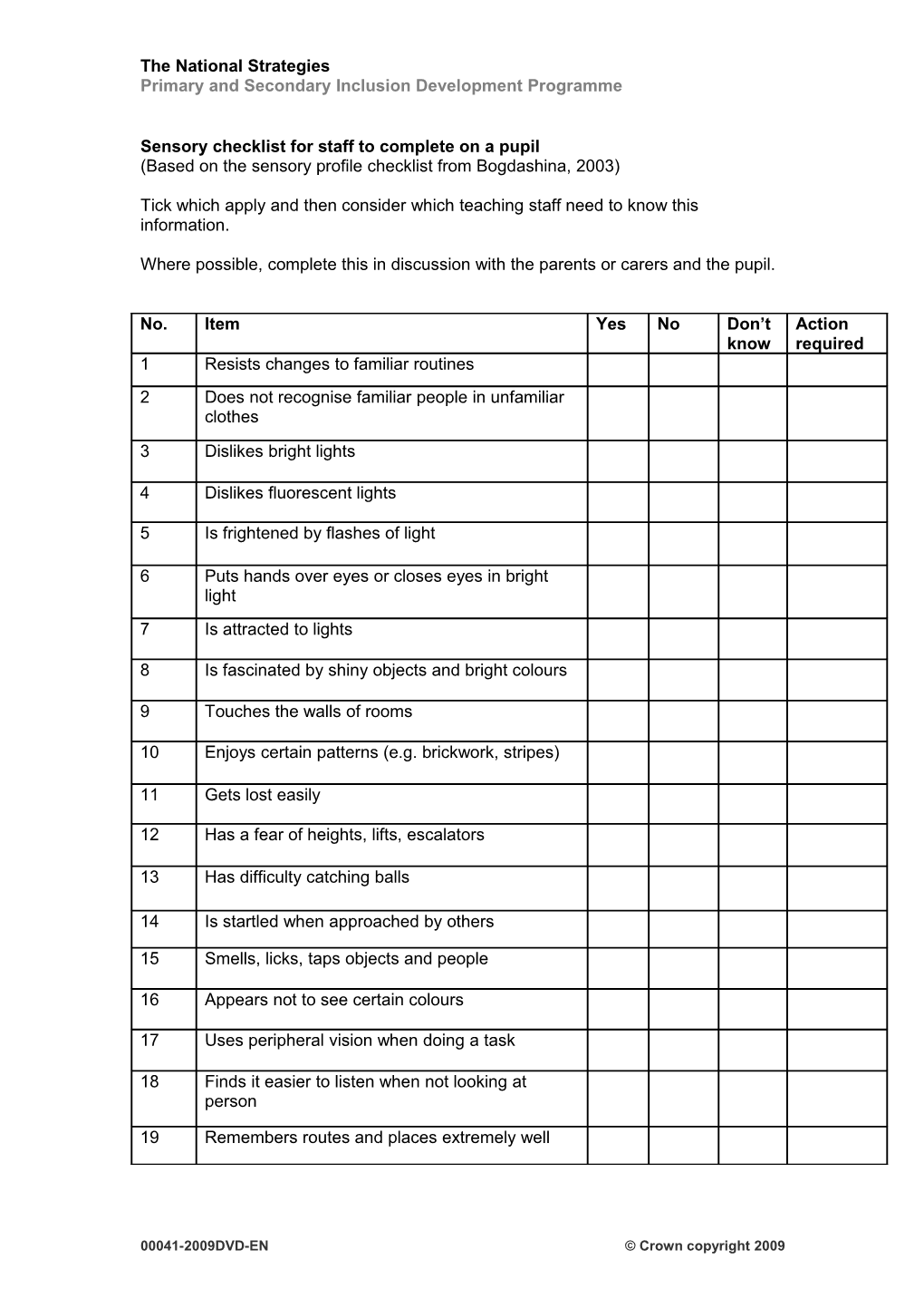 Sensory Profile on a Pupil