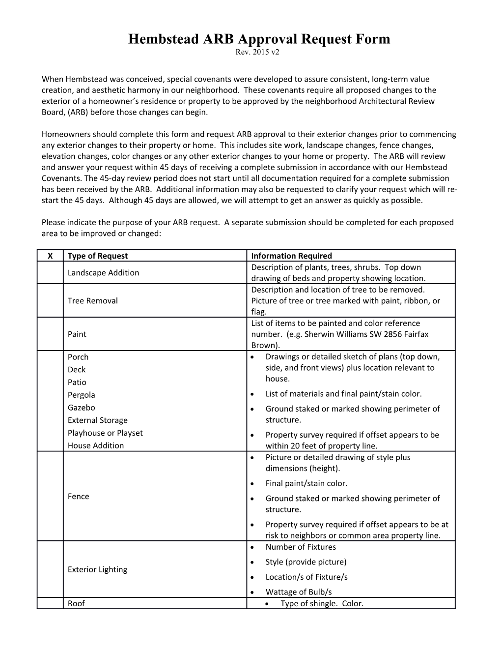 Hembstead ARB Approval Request Form