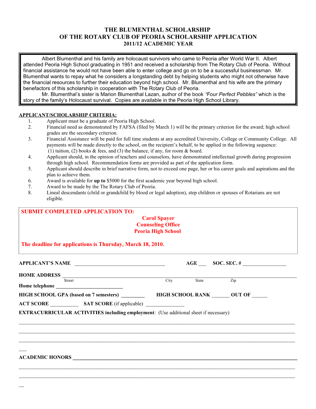 Rotary Club of Peoria Scholarship Application
