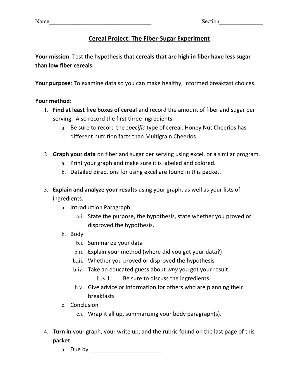 Cereal Project: the Fiber-Sugar Experiment