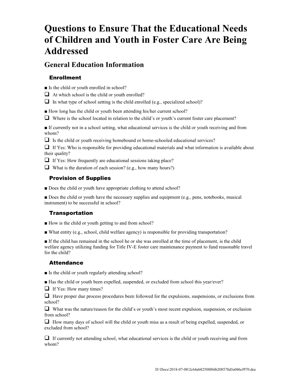 Questions to Ensure That the Educational Needs of Children and Youth in Foster Care Are