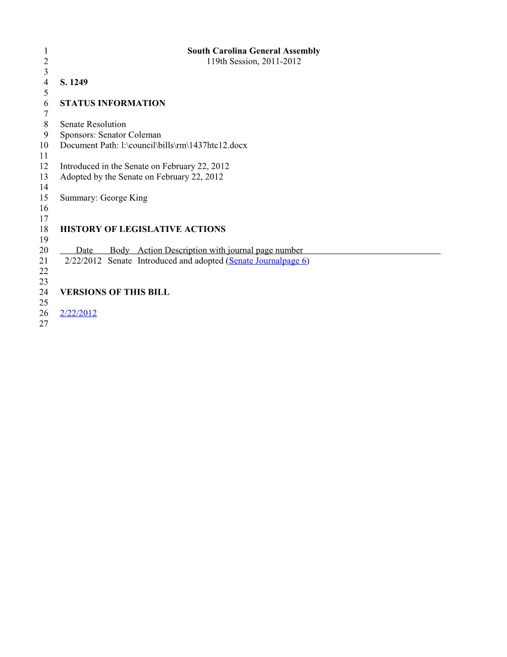 2011-2012 Bill 1249: George King - South Carolina Legislature Online