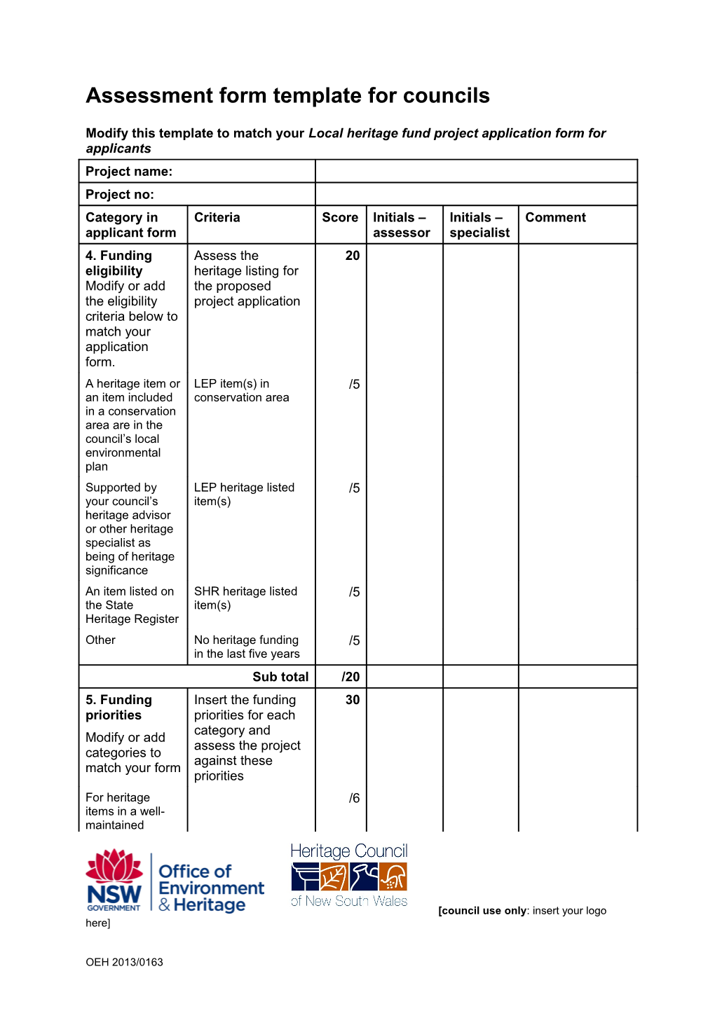 Assessment Form Template for Councils