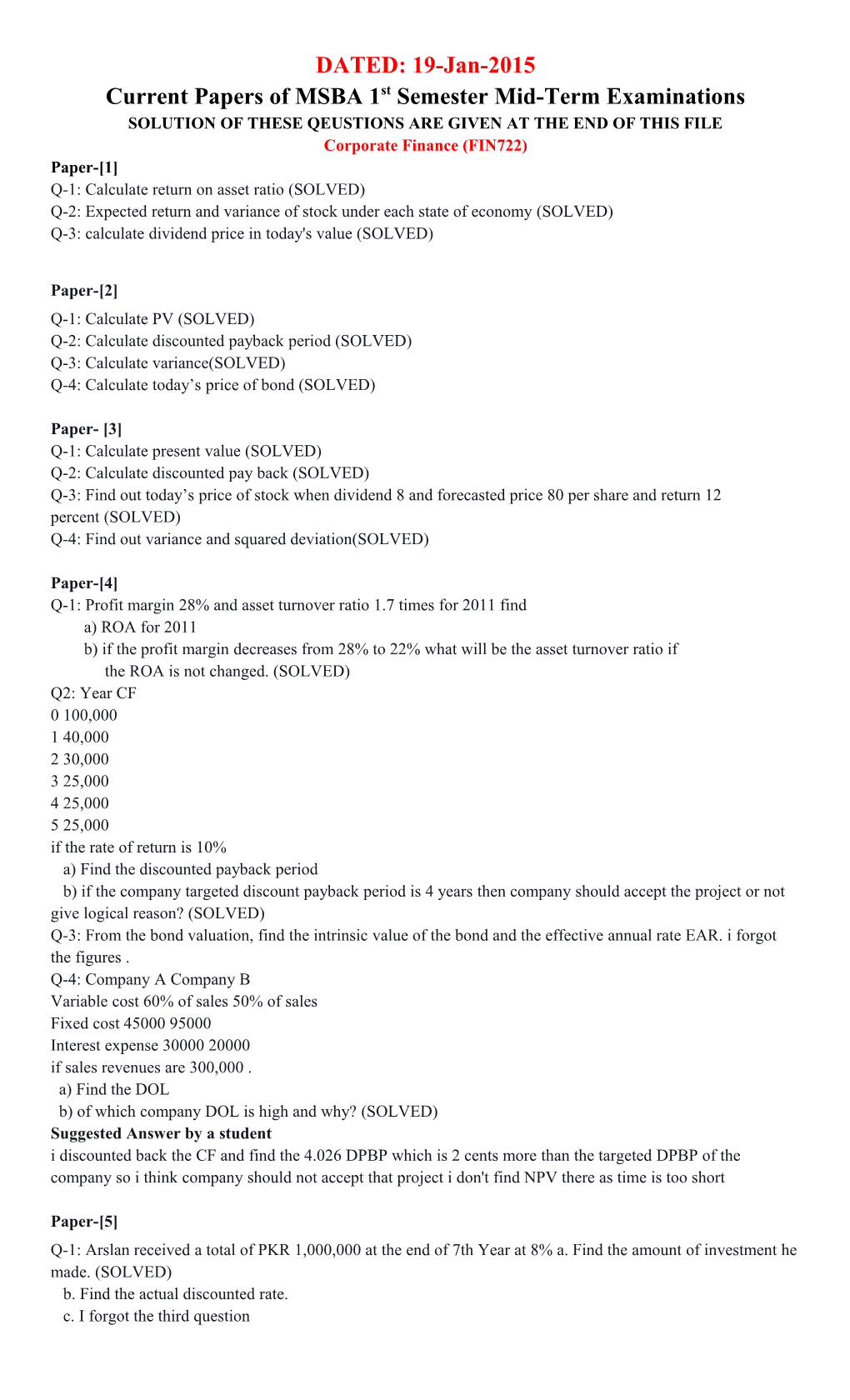 Current Papers of MSBA 1St Semester Mid-Term Examinations