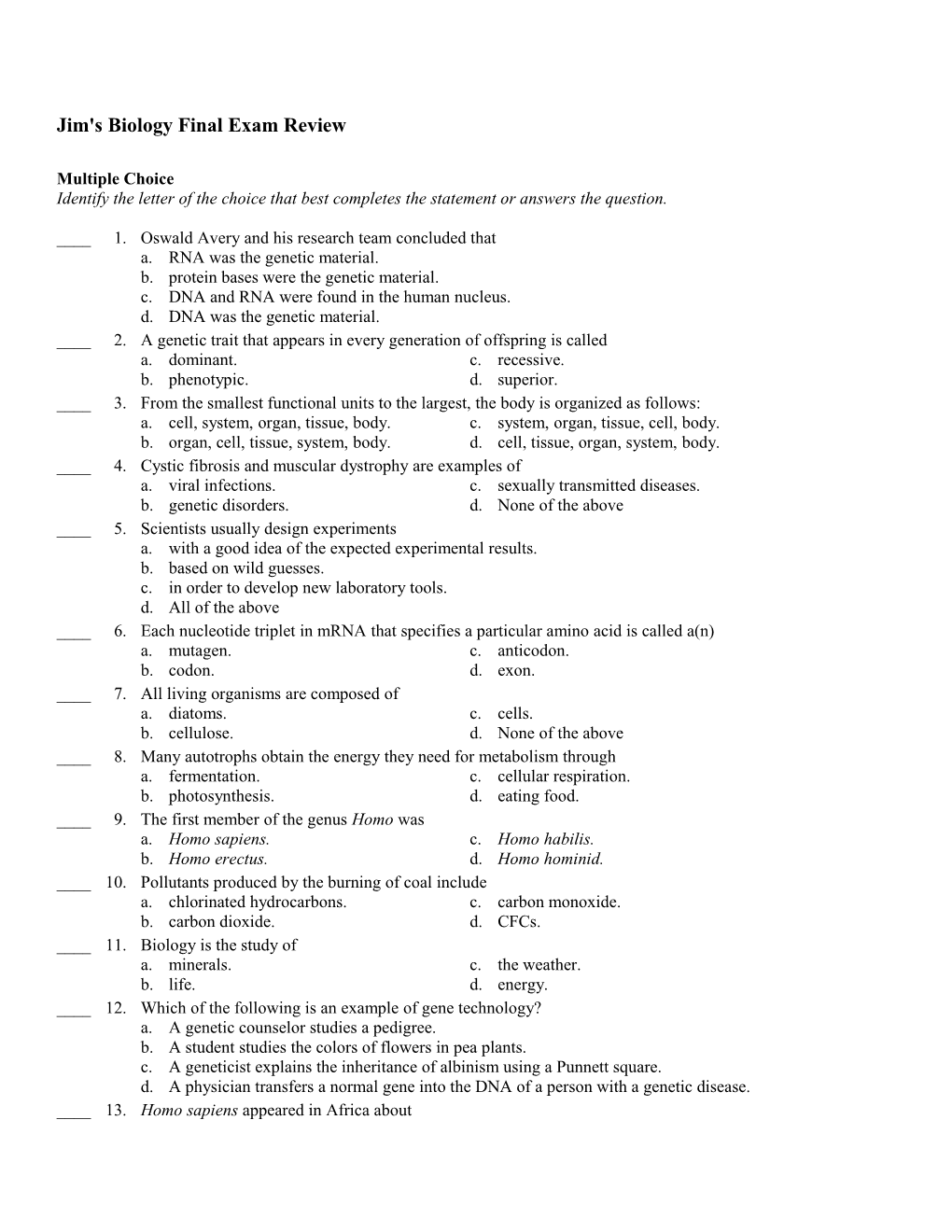 Jim's Biology Final Exam Review