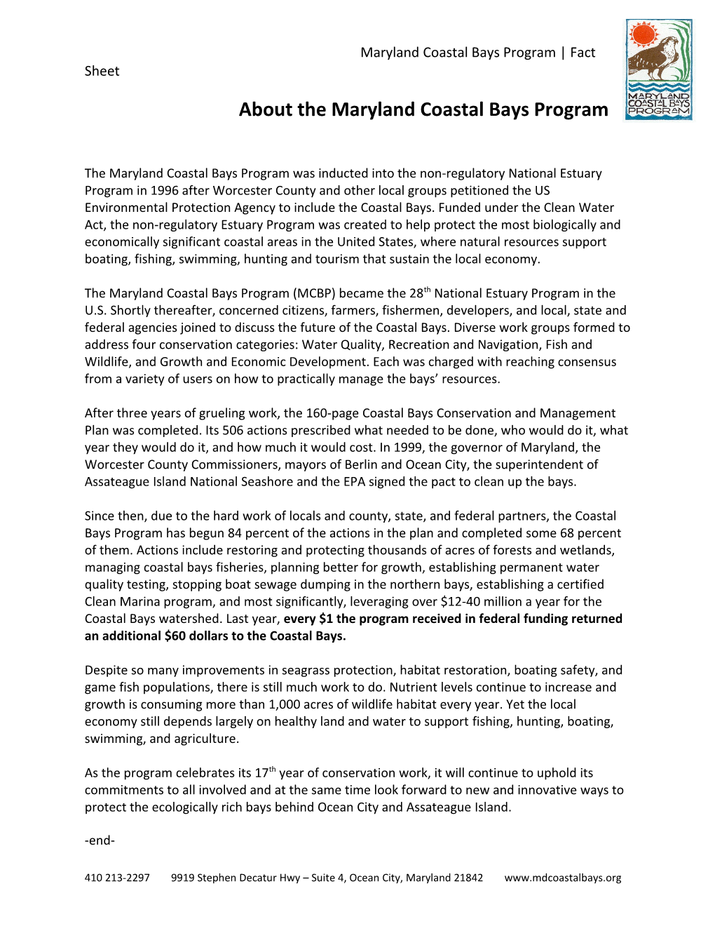 About the Maryland Coastal Bays Program