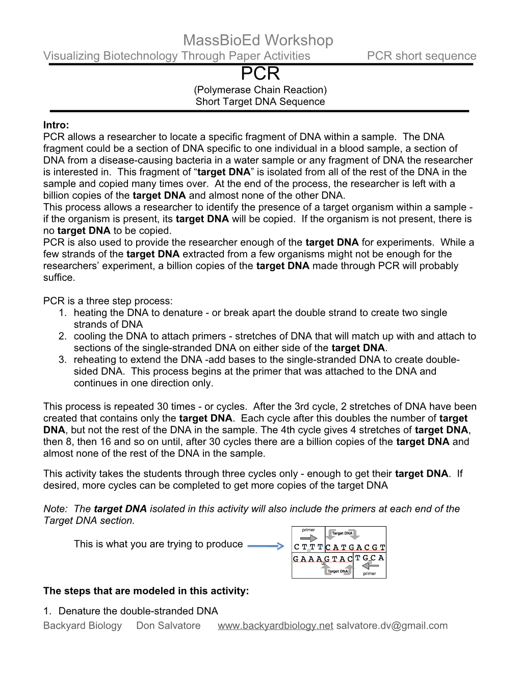 Visualizing Biotechnology Through Paper Activities PCR Short Sequence