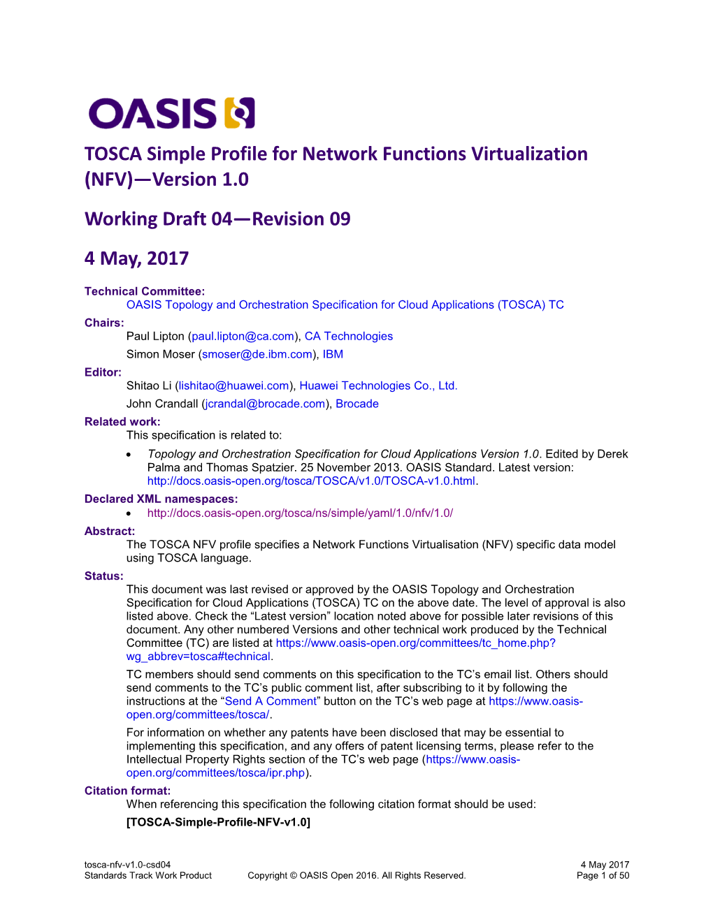 TOSCA Simple Profile for Network Functions Virtualization (NFV) Version 1.0