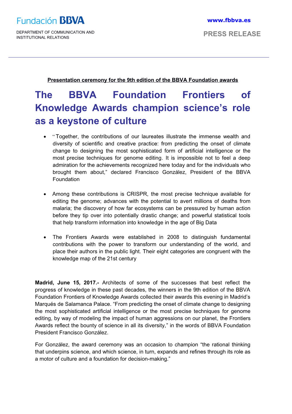 Presentation Ceremony for the 9Th Edition of the BBVA Foundation Awards