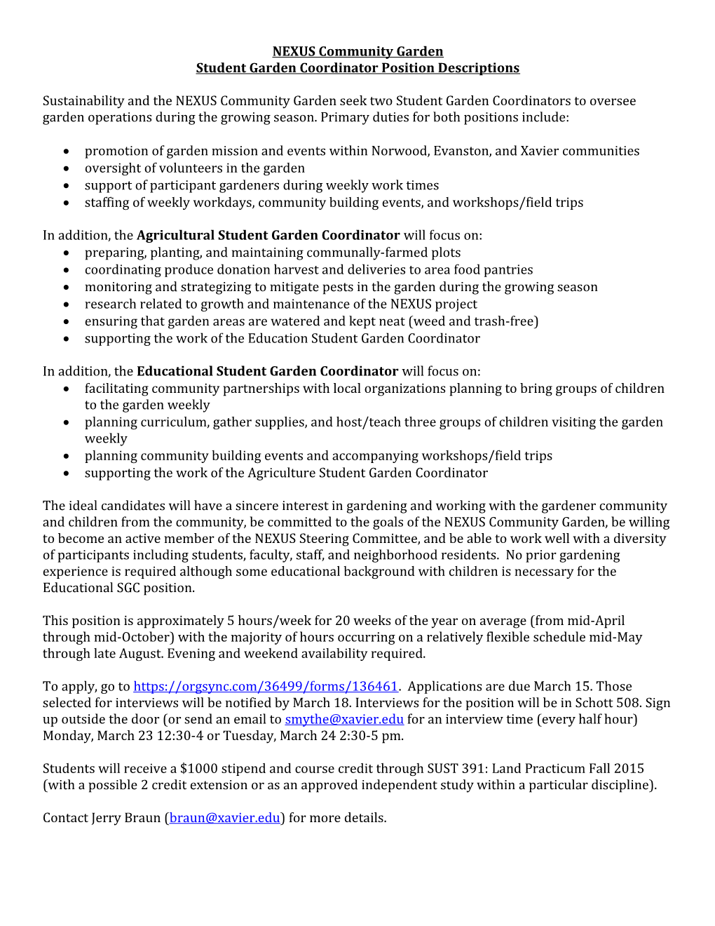 Student Garden Coordinator Position Descriptions