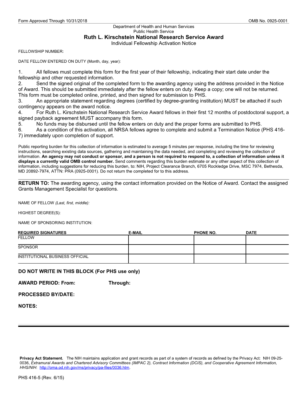 PHS 416-5 (Rev. 06/15), Ruth L. Kirschstein National Research Service Award, Individual