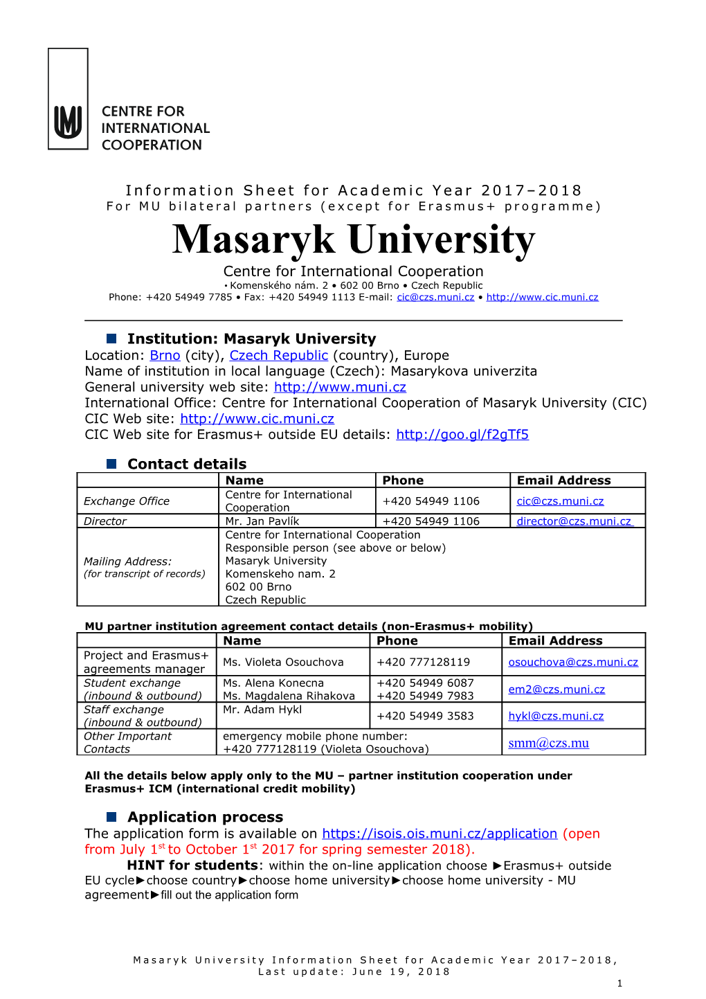 Information Sheet for Academic Year 2017 2018