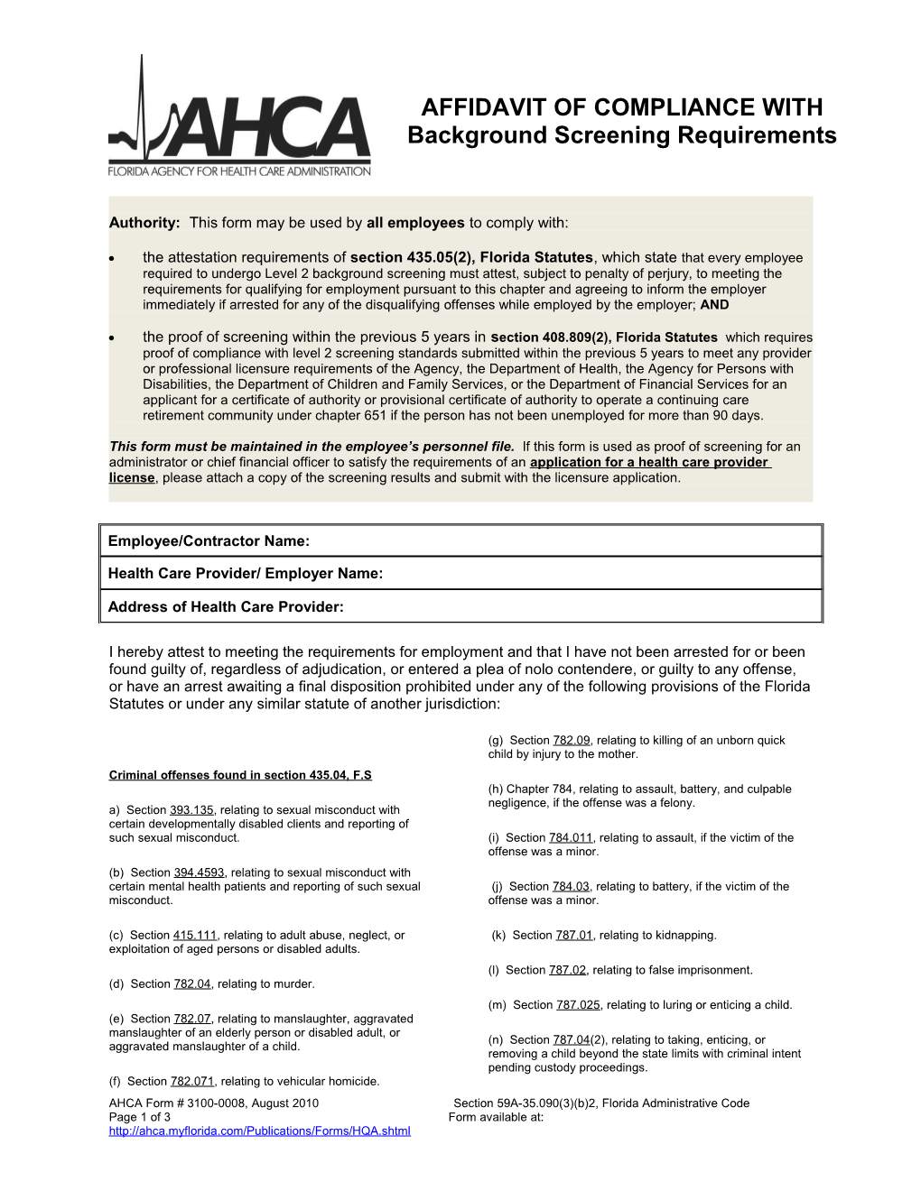 Affidavit of Compliance with Background Screening Requirements