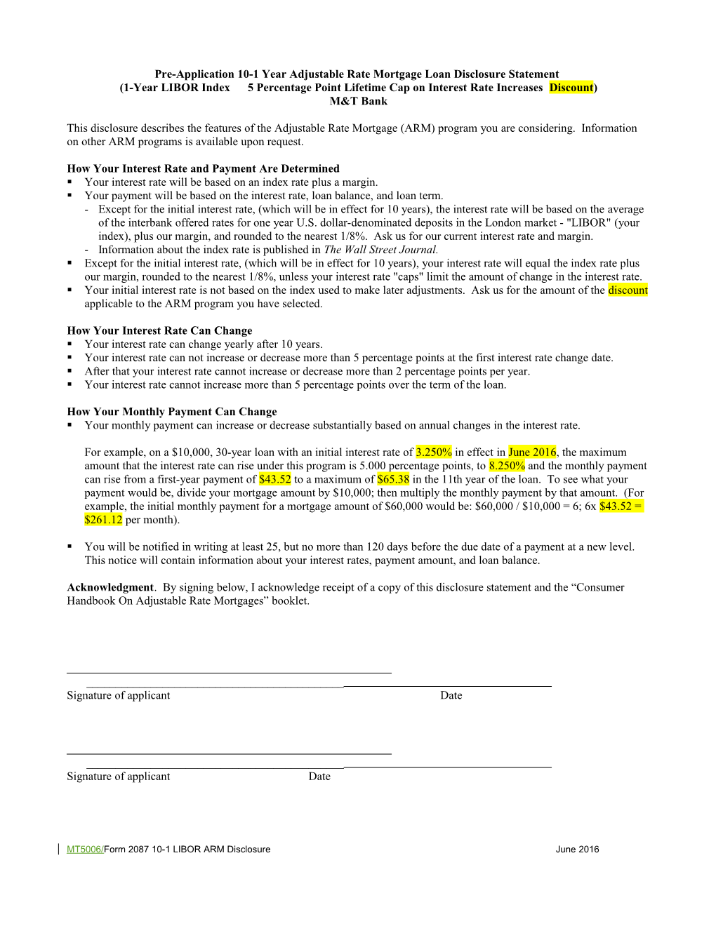 Pre-Application 5-1 Year Adjustable Rate Mortgage Loan Disclosure Statement