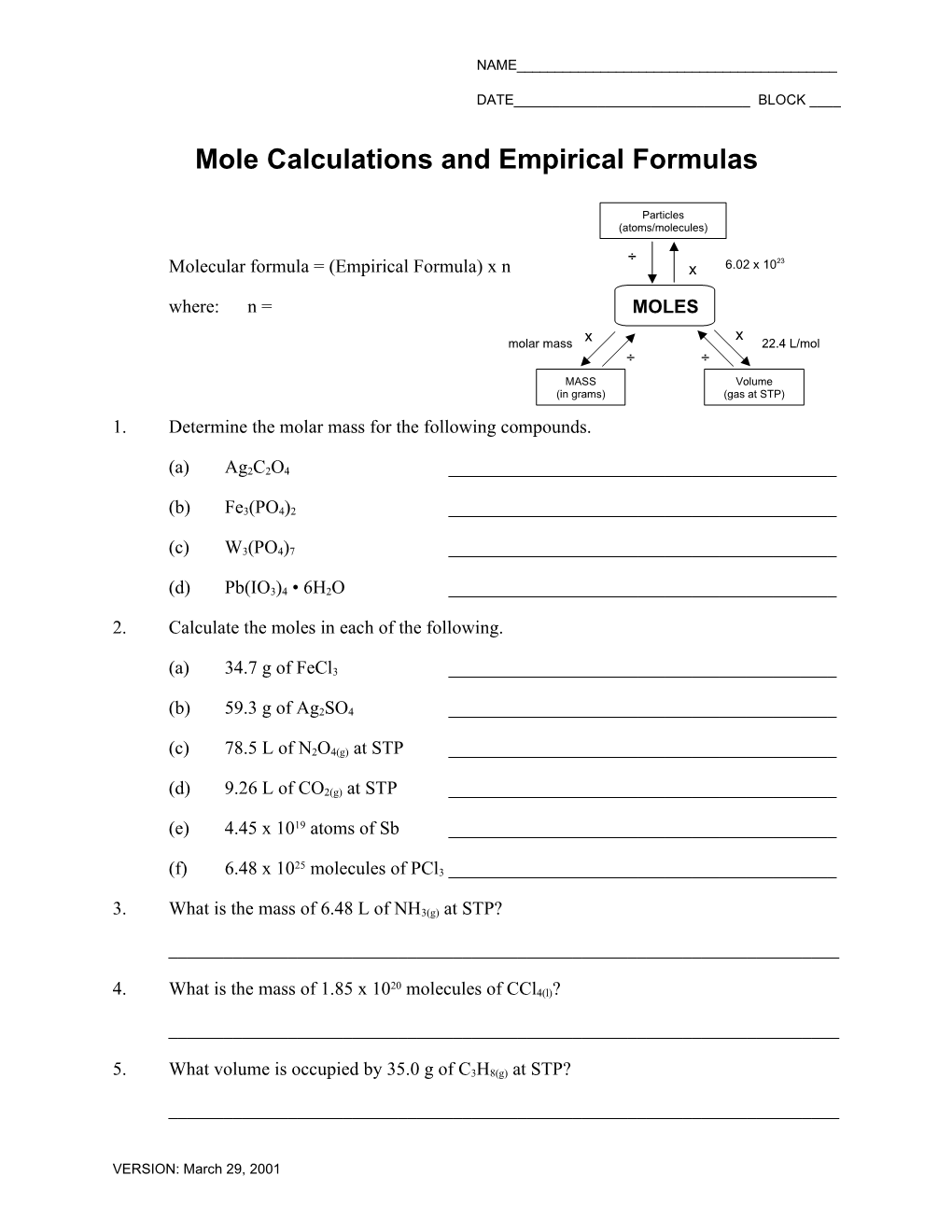 Mole Calculations and Empirical Formulas