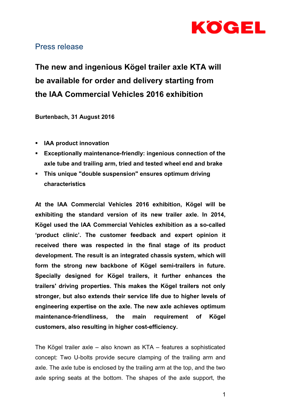 The New and Ingenious Kögel Trailer Axle KTA Will Be Available for Order and Delivery